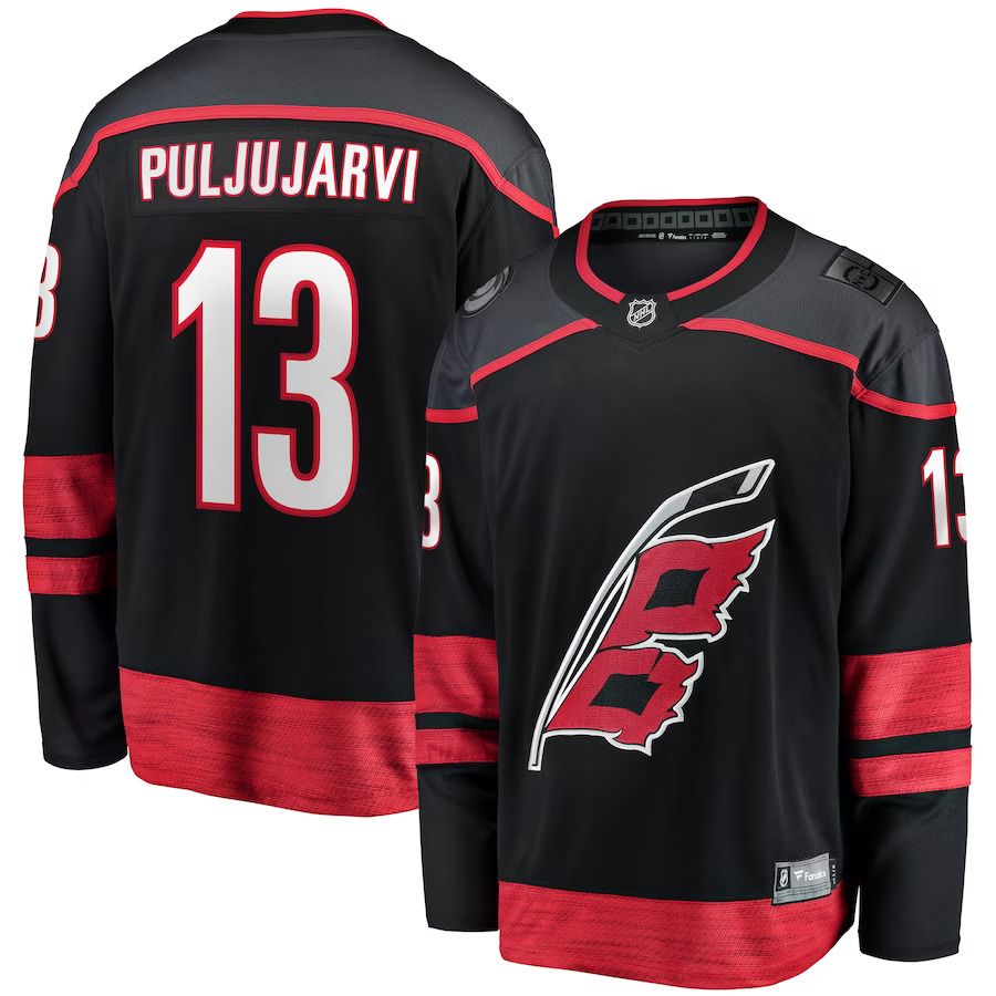 Men Carolina Hurricanes #13 Jesse Puljujarvi Fanatics Branded Black Home Breakaway NHL Jersey